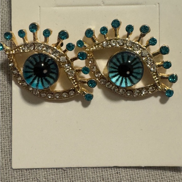 Betsey Johnson Gold and Teal Eye Earrings - Picture 2 of 2